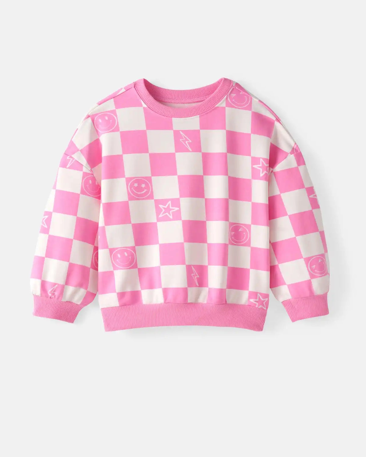 Cheery Checks Pink Drop Shoulder Crewneck