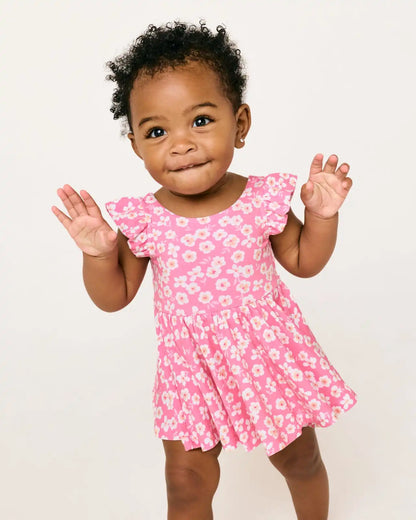 Sweet Pink Petals Flutter Twirl Dress with Bodysuit