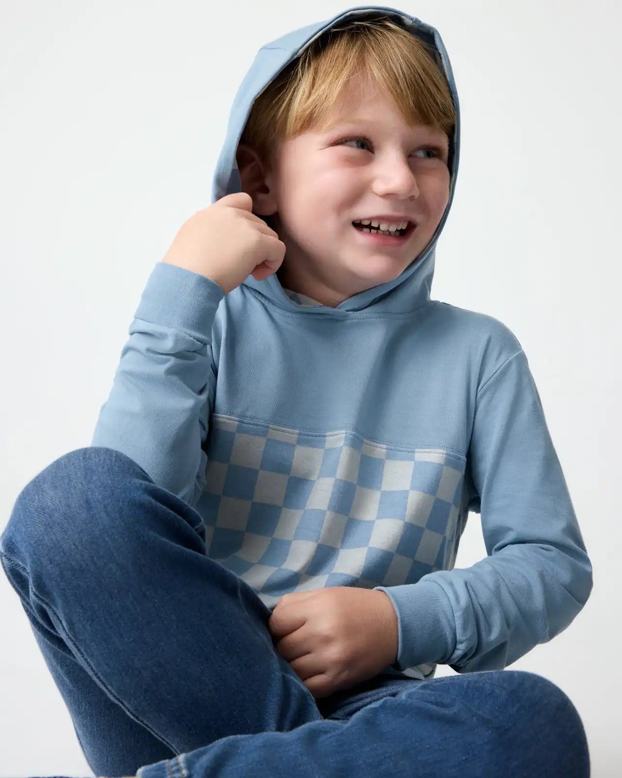 Dusk Blue Checks Relaxed Hooded Tee