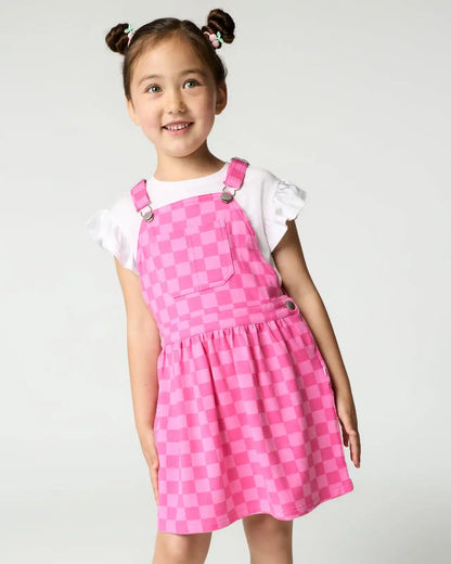 Sweet Raspberry Checks Skirt Overall Dress