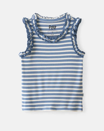 Infinite Blue Stripe Ribbed Ruffle Tank