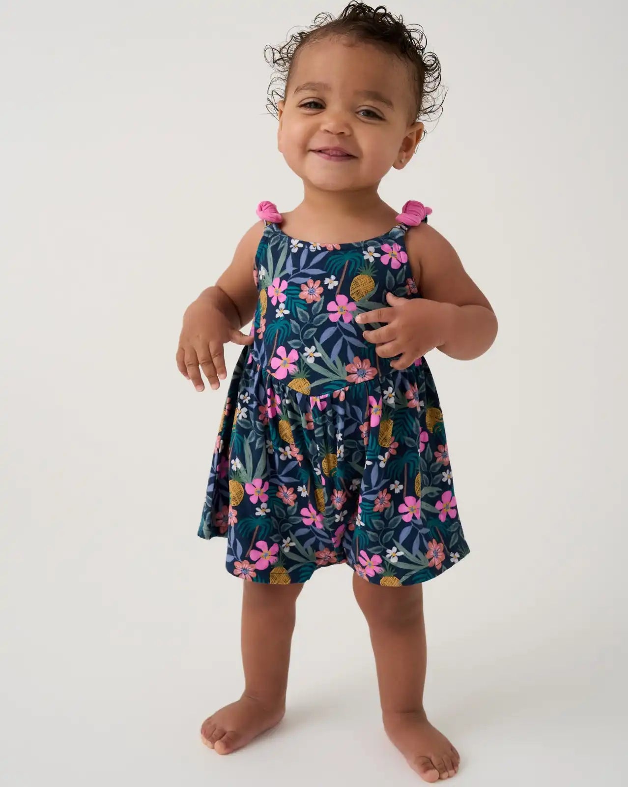 Tropical Garden Baby Bow Strap Romper