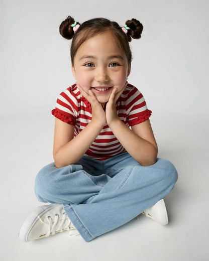 Red Ember Stripe Ribbed Ruffle Tee