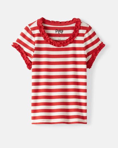 Red Ember Stripe Ribbed Ruffle Tee