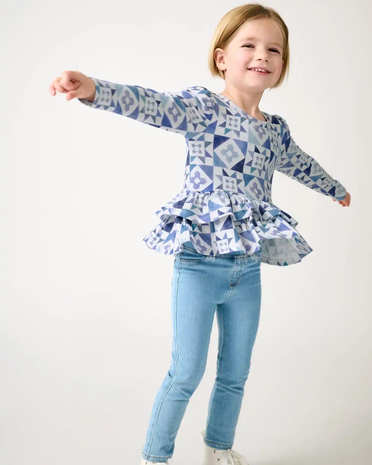 Patchwork Indigo Ribbed Peplum Tee