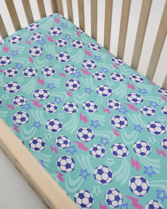 Aqua Soccer Stars Fitted Crib Sheet
