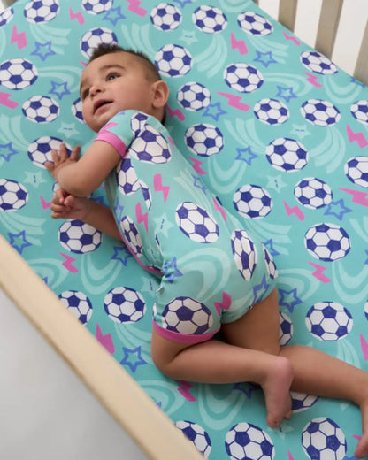 Aqua Soccer Stars Fitted Crib Sheet