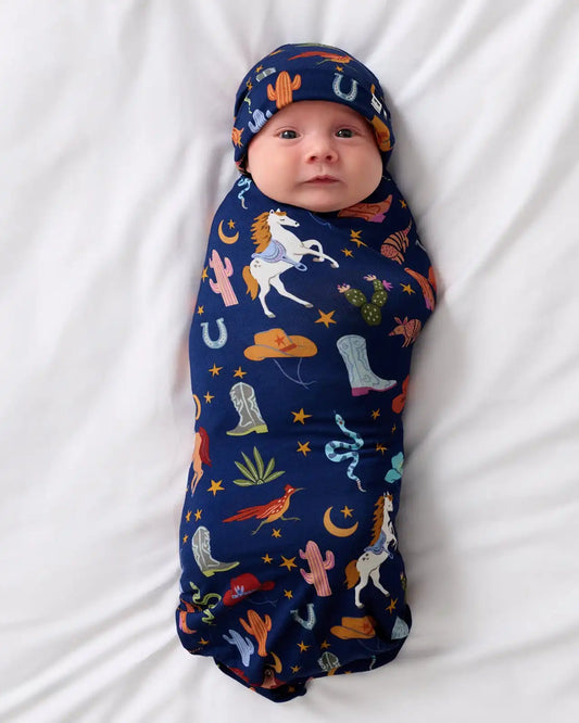 Blue Rancher Roundup Swaddle & Beanie Set