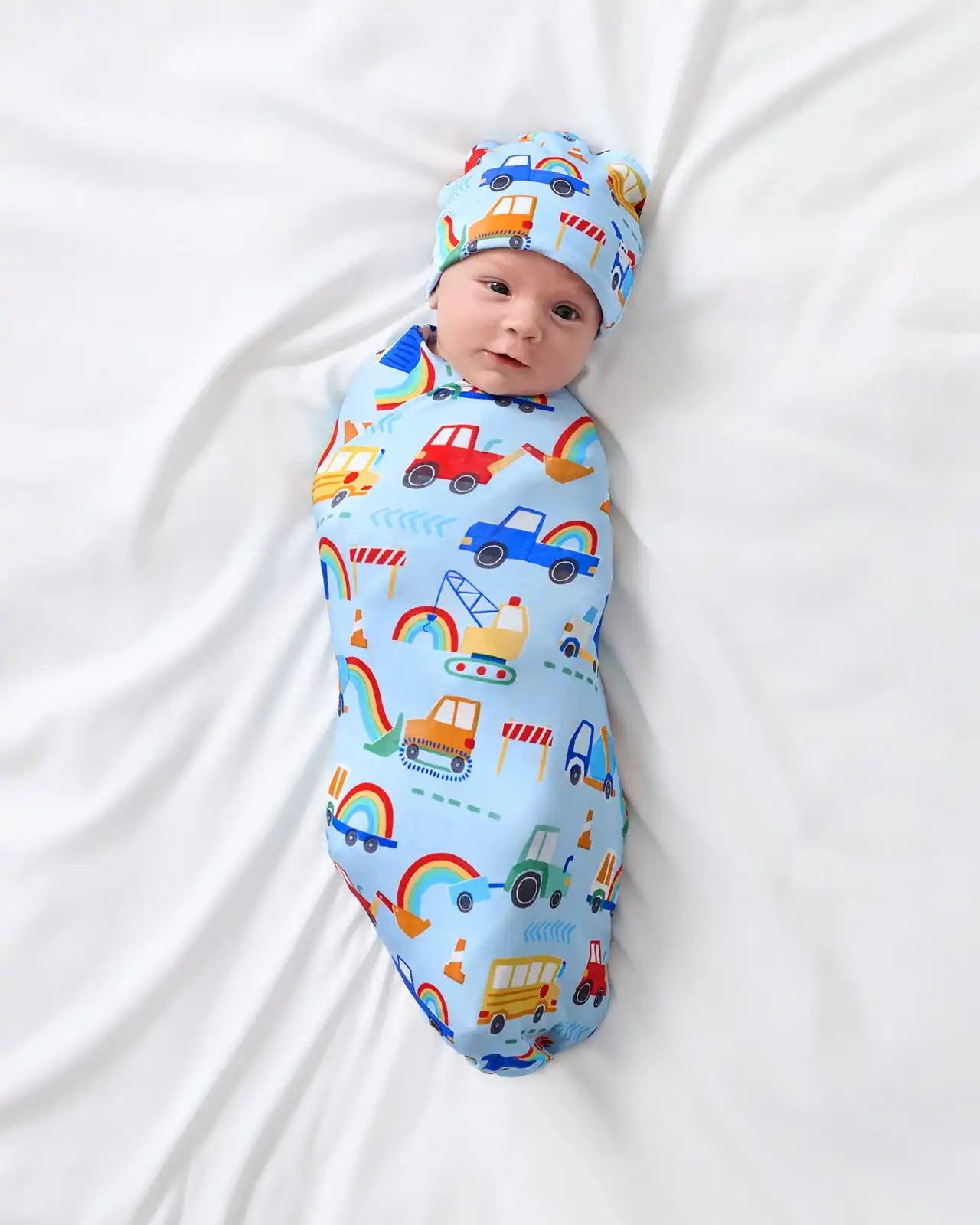 Rainbow Trucks Swaddle & Beanie Set