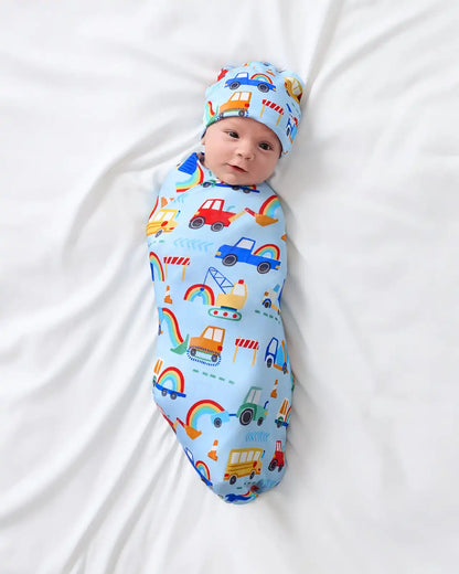 Rainbow Trucks Swaddle & Beanie Set